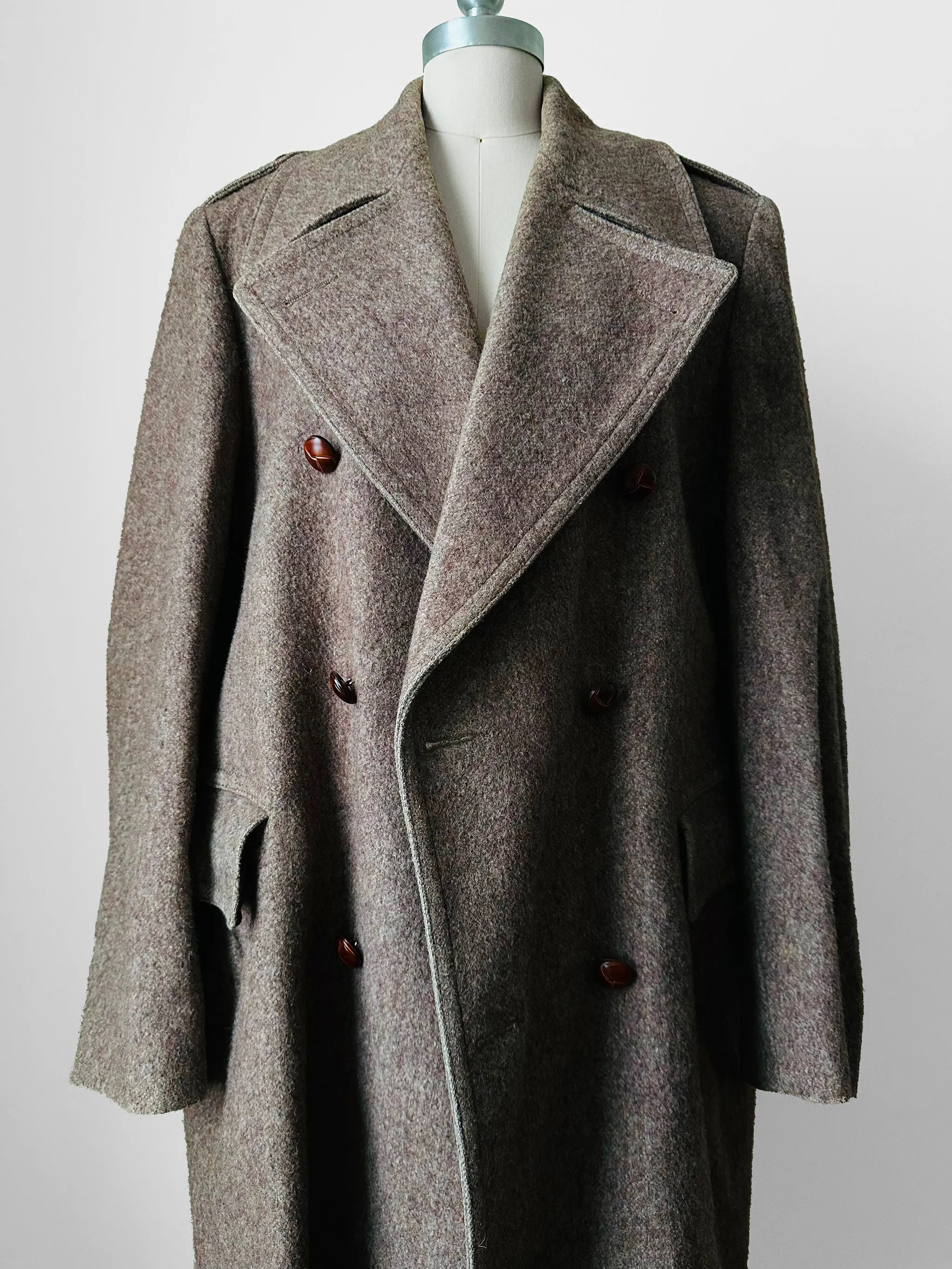 1950s - 1960s Taupe Heavy Leather Button Belted Wool Trench Overcoat