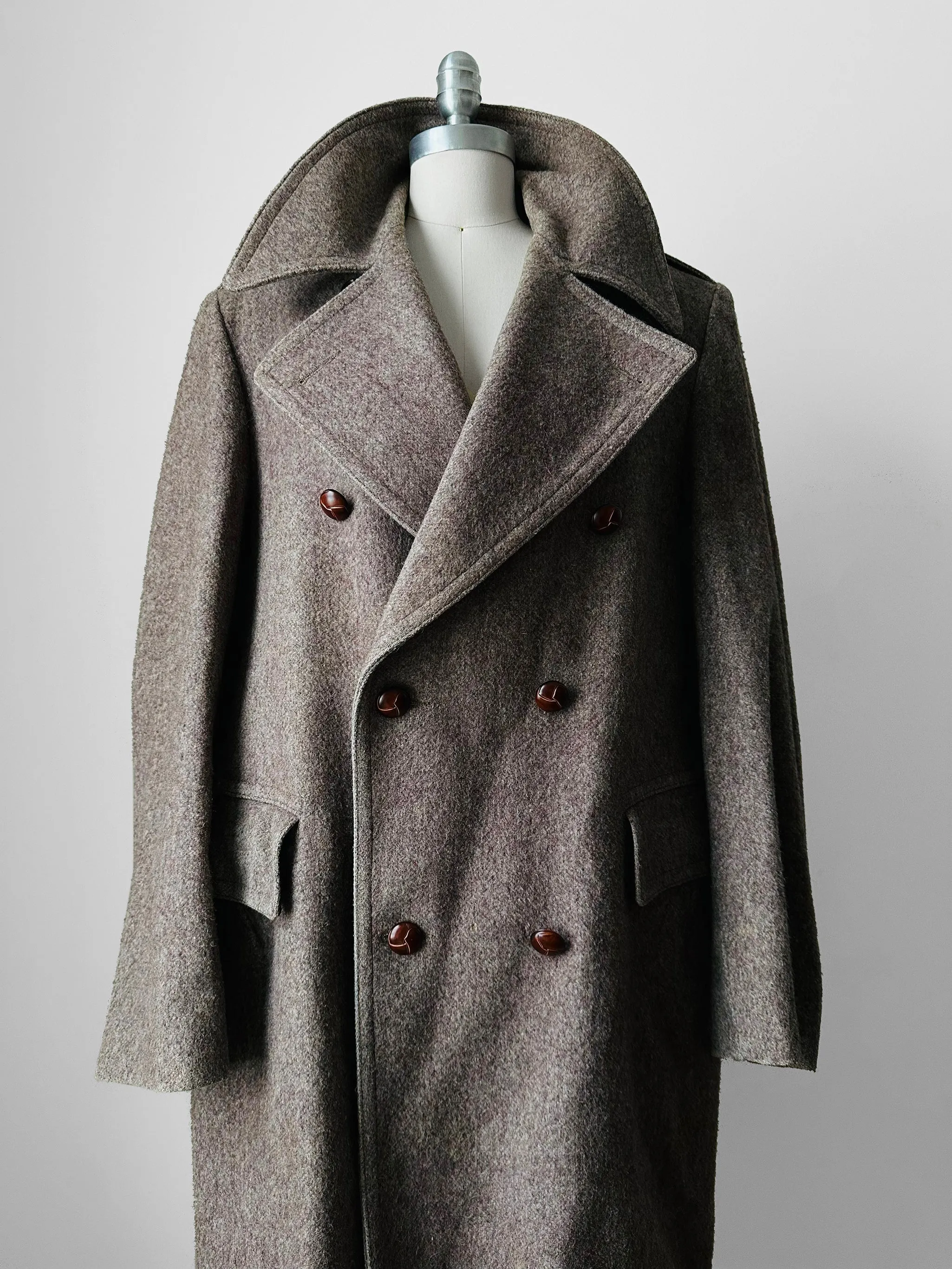 1950s - 1960s Taupe Heavy Leather Button Belted Wool Trench Overcoat