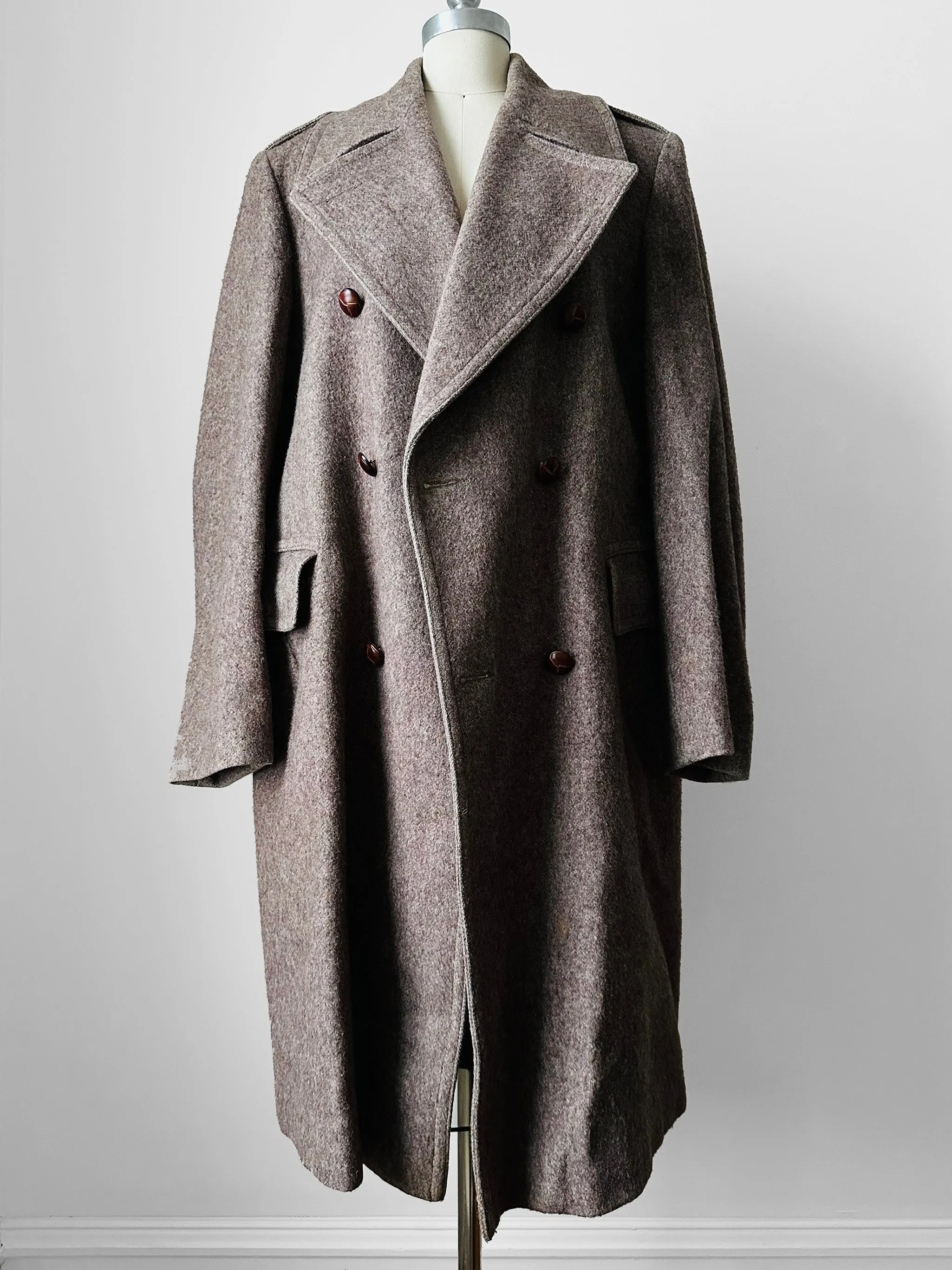 1950s - 1960s Taupe Heavy Leather Button Belted Wool Trench Overcoat