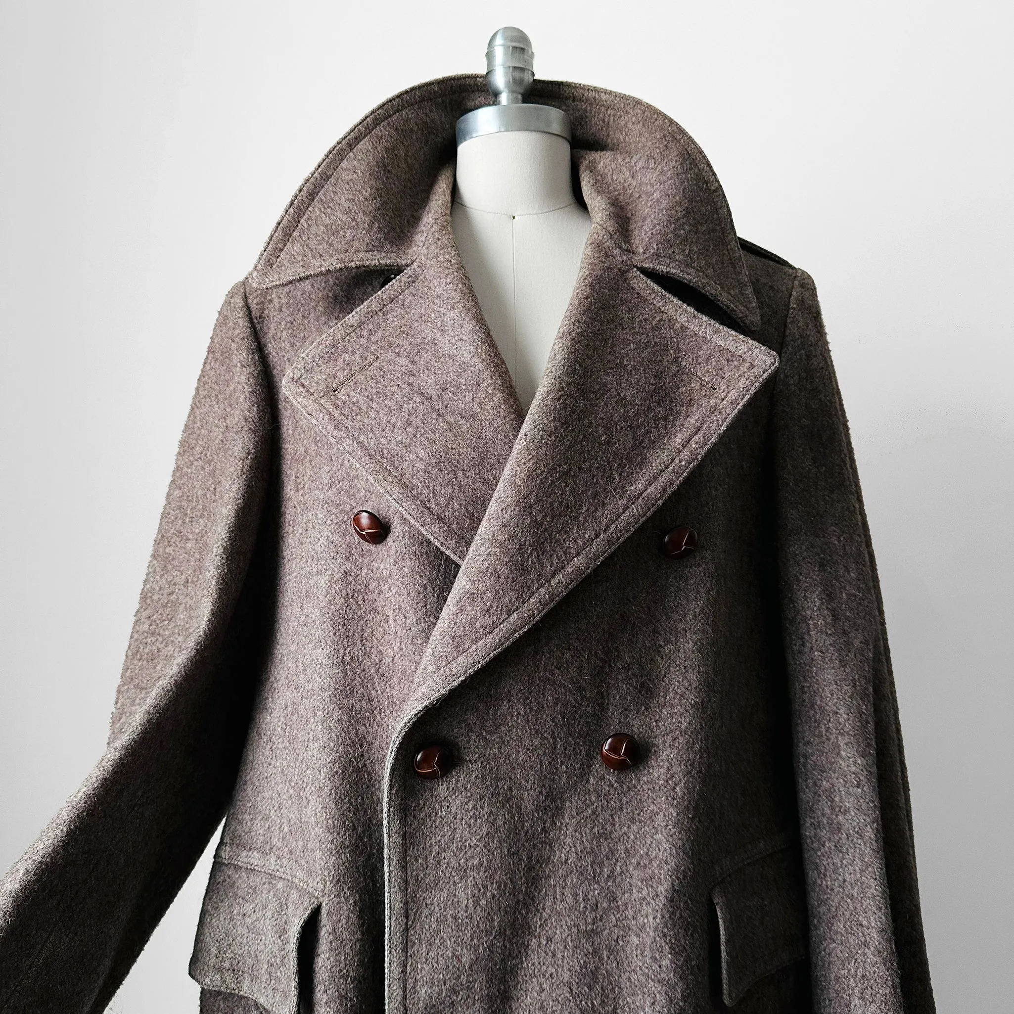 1950s - 1960s Taupe Heavy Leather Button Belted Wool Trench Overcoat