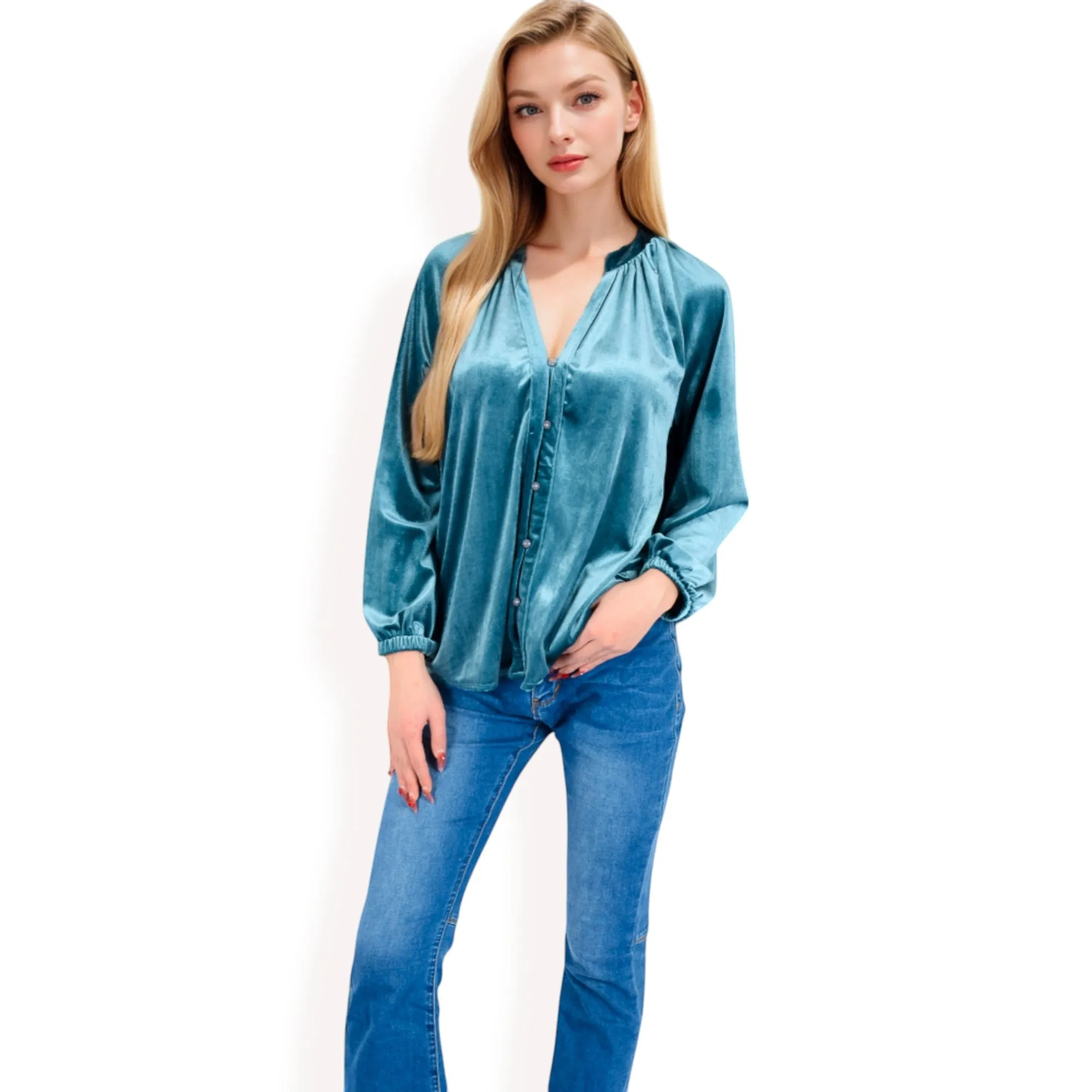 Anna-Kaci Women's Velvet Blouse with V-Neck and Button Detail