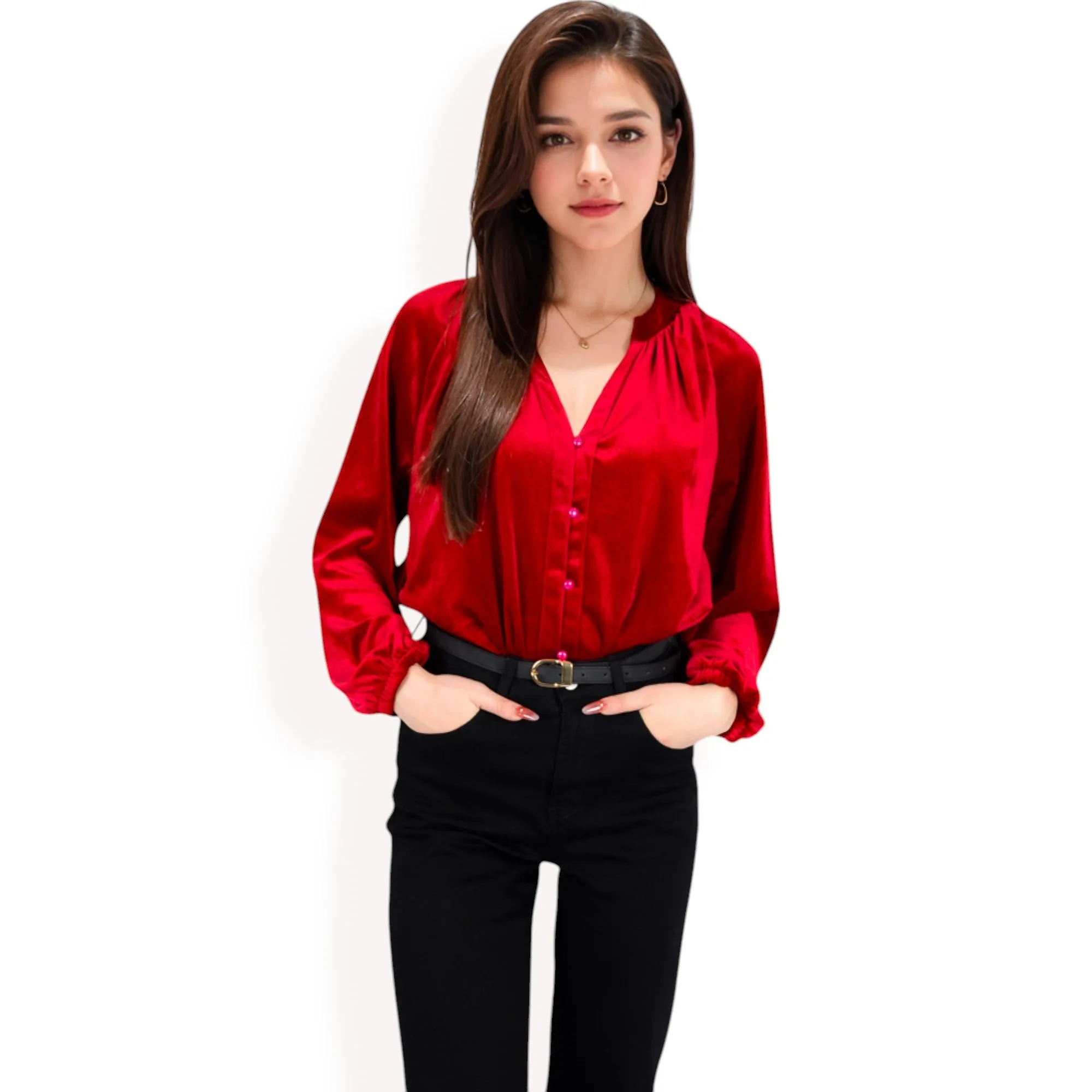 Anna-Kaci Women's Velvet Blouse with V-Neck and Button Detail