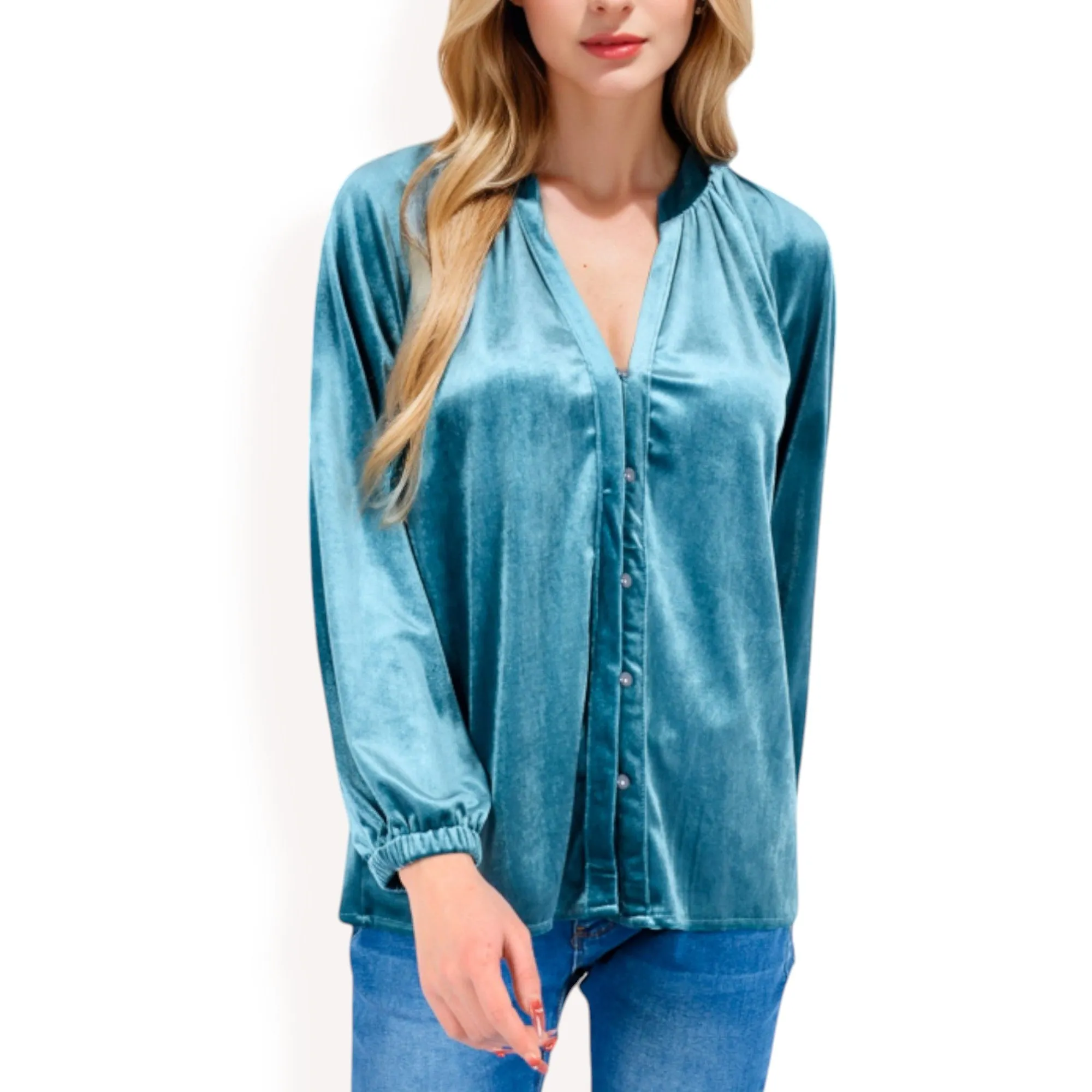 Anna-Kaci Women's Velvet Blouse with V-Neck and Button Detail