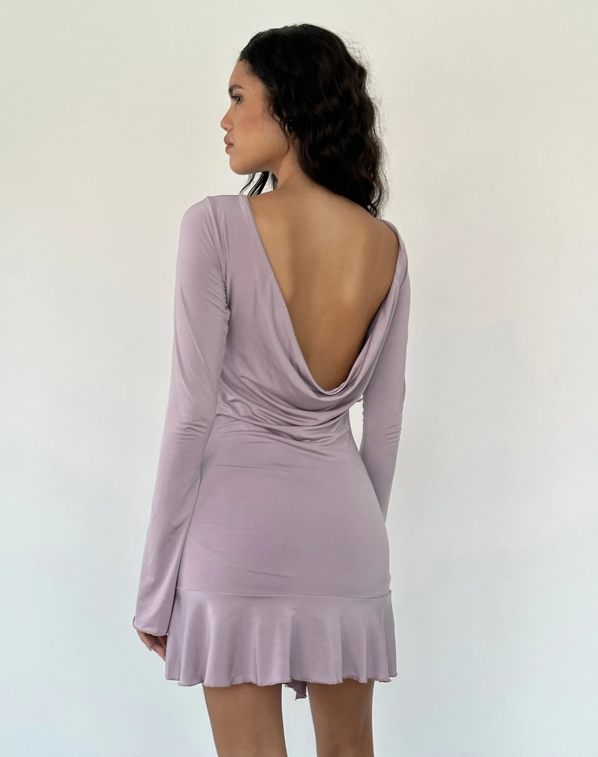 Arwen Backless Ruffle Mini Dress in Slinky Mauve