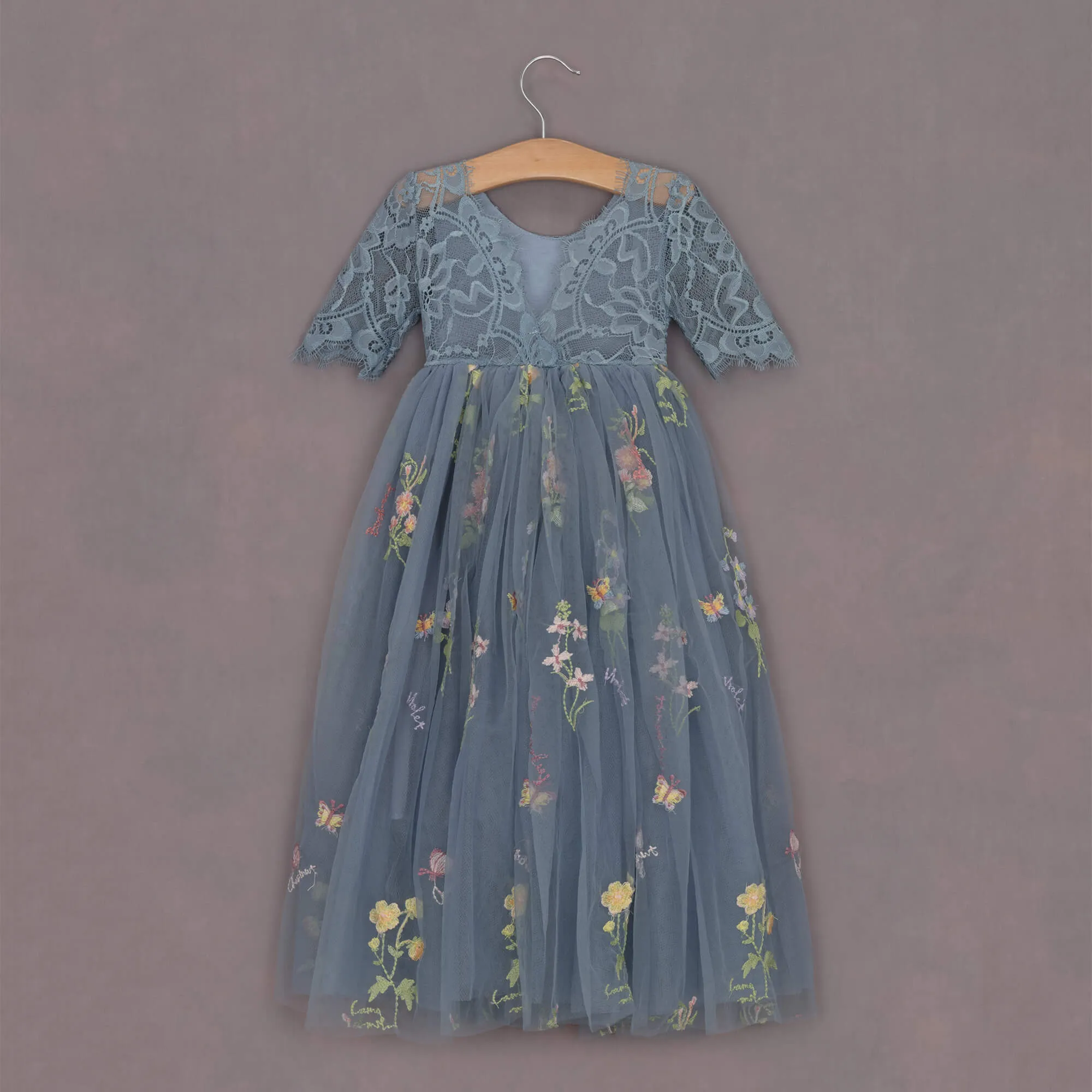 Baby Enchanted Dress - Embroidered Dusty Blue Lace