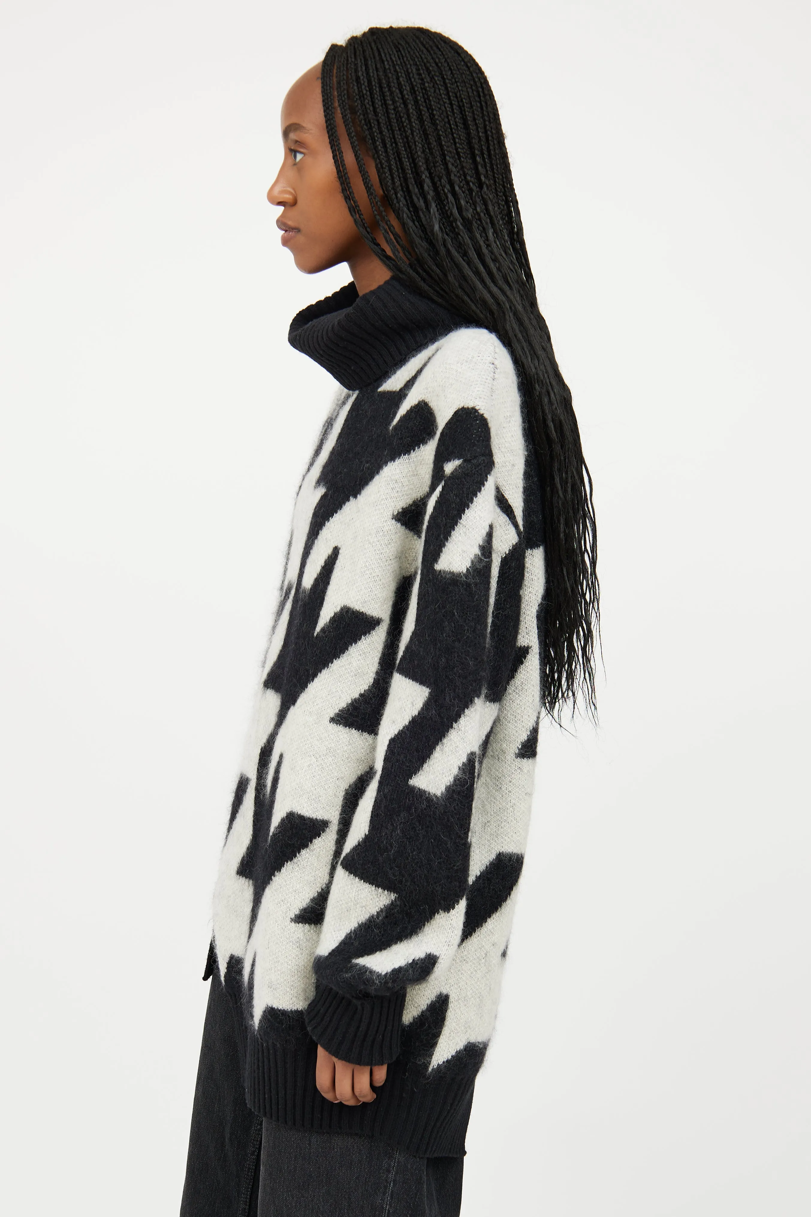 Black & White Mohair Geometric Knit Turtleneck