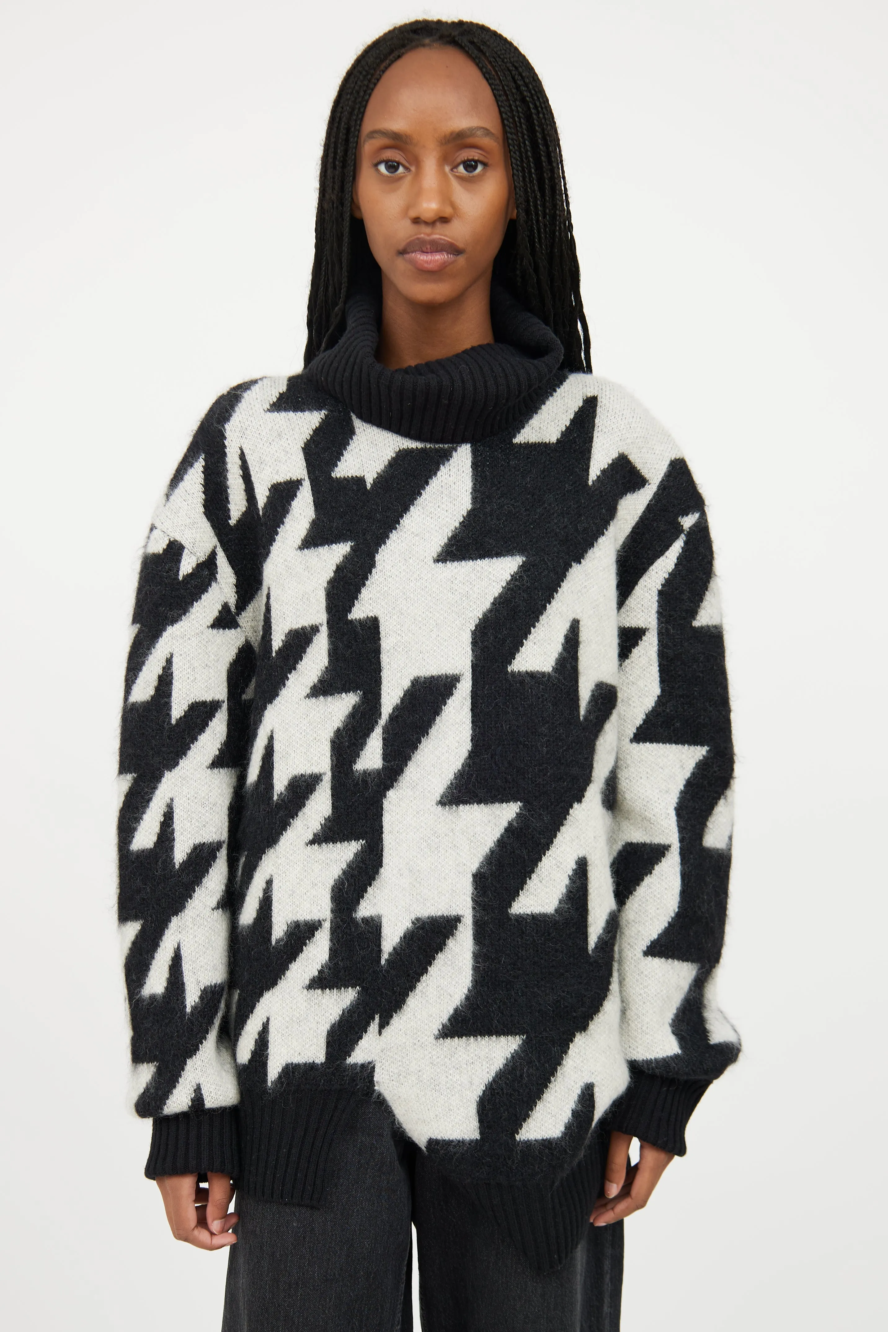 Black & White Mohair Geometric Knit Turtleneck