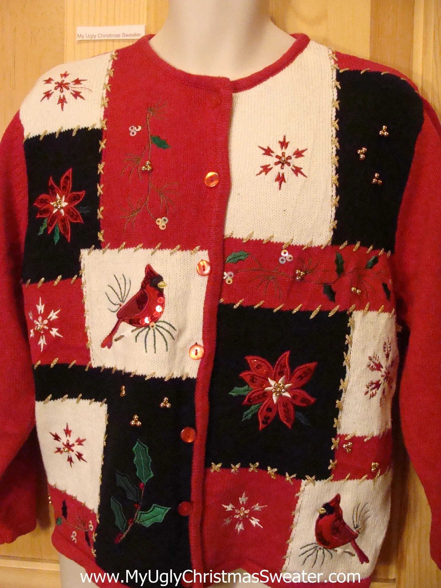 Bling Funny Ugly Sweater with Red Poinsettias and Cardinals