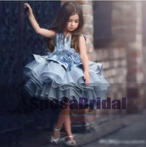 Blue Short Cute Best Sale Soft New Unique Flower Girl Dresses, Popular Little Girl Dresses, FG100