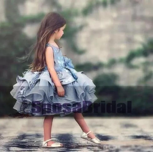 Blue Short Cute Best Sale Soft New Unique Flower Girl Dresses, Popular Little Girl Dresses, FG100