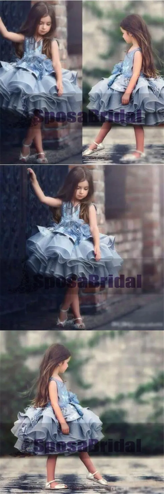 Blue Short Cute Best Sale Soft New Unique Flower Girl Dresses, Popular Little Girl Dresses, FG100