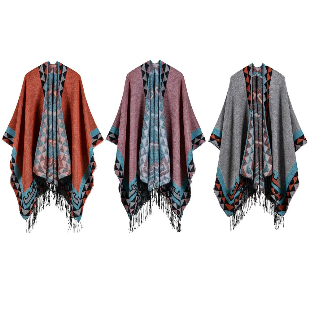 Boho Women Knitted Shawl Poncho Faux Cashmere Geometric Pattern Tassel Oversized Warm Long Cape