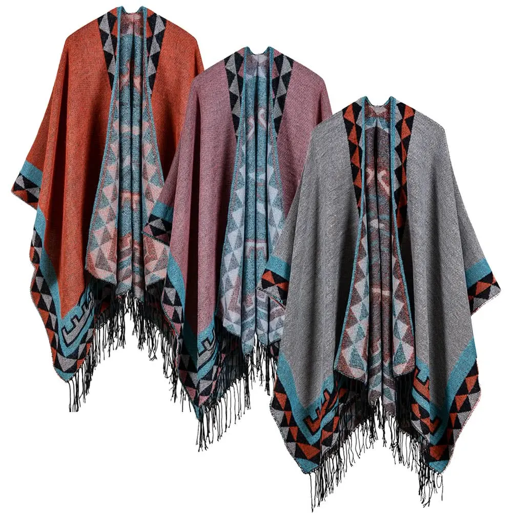 Boho Women Knitted Shawl Poncho Faux Cashmere Geometric Pattern Tassel Oversized Warm Long Cape