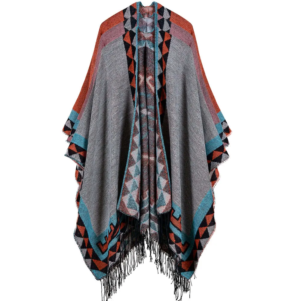 Boho Women Knitted Shawl Poncho Faux Cashmere Geometric Pattern Tassel Oversized Warm Long Cape