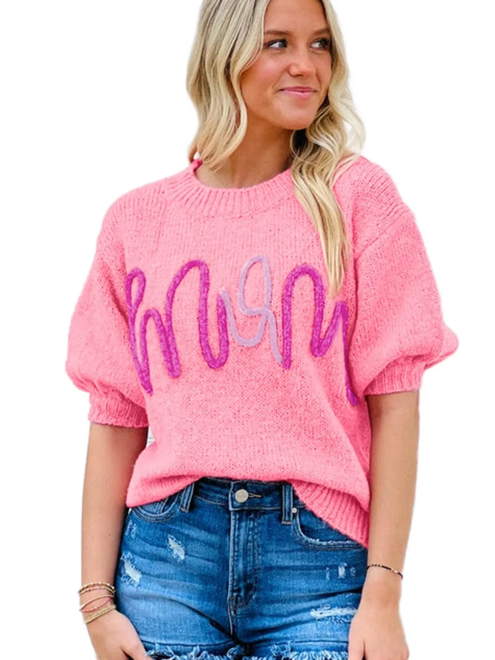 Bonbon Tinsel Detail Short Sleeve Sweater for Chic Moms