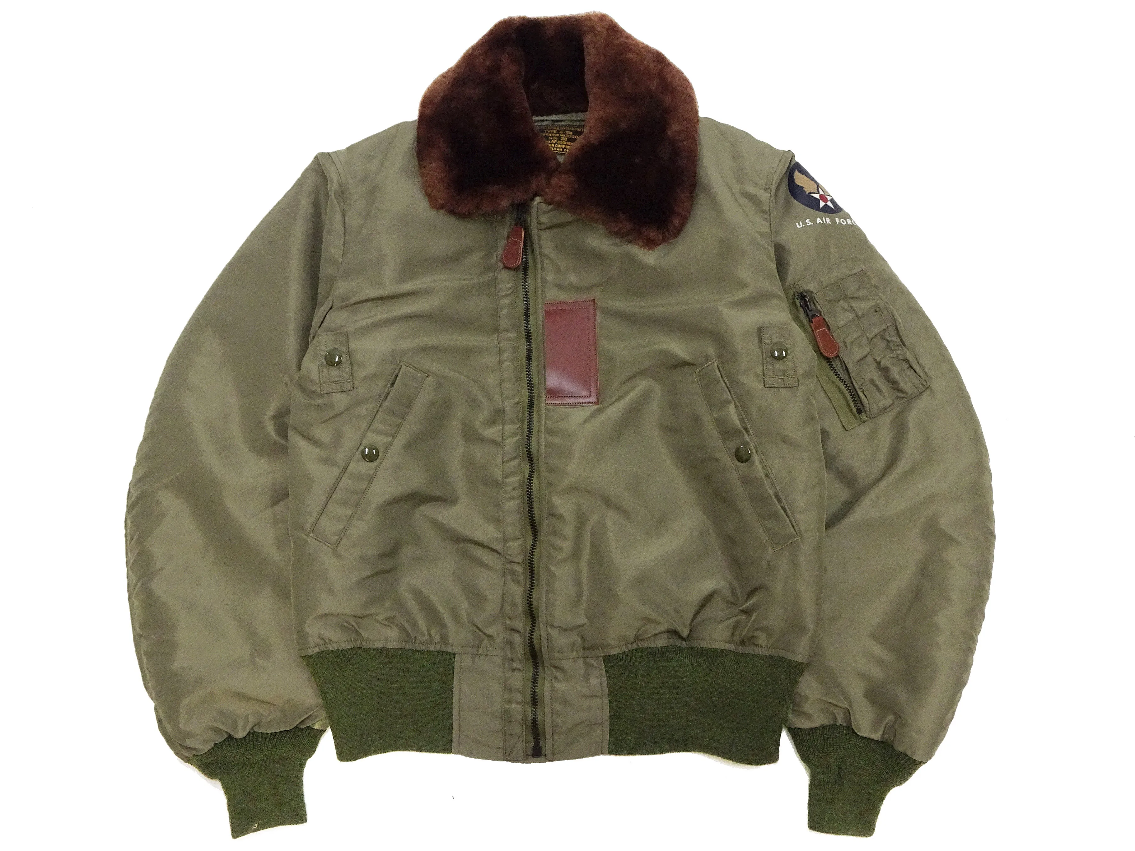 Buzz Rickson Jacket BR15566 Men's USAF B-15B Flight Jacket B15B Bomber Jacket with Mouton Fur Collar Olive