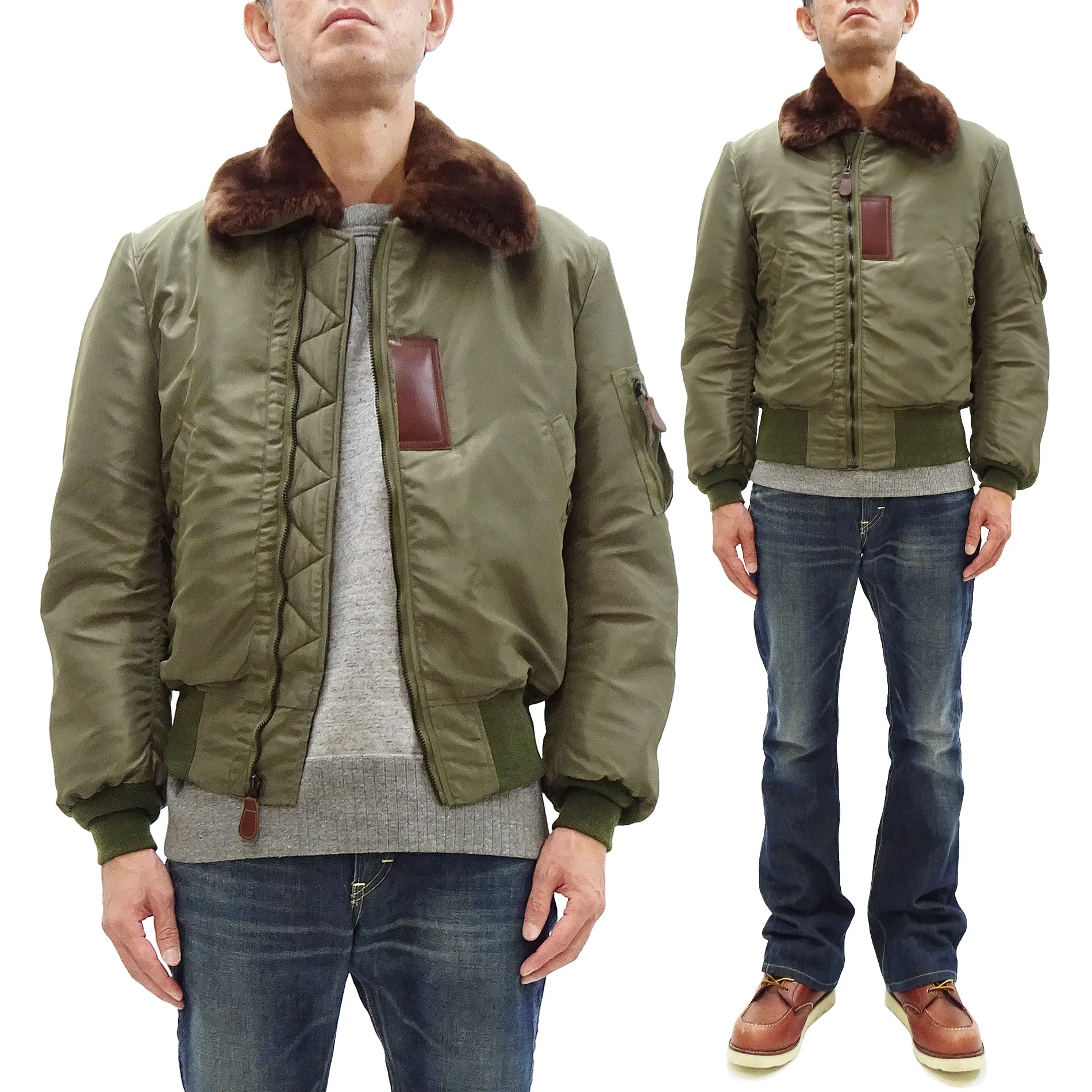 Buzz Rickson Jacket BR15566 Men's USAF B-15B Flight Jacket B15B Bomber Jacket with Mouton Fur Collar Olive