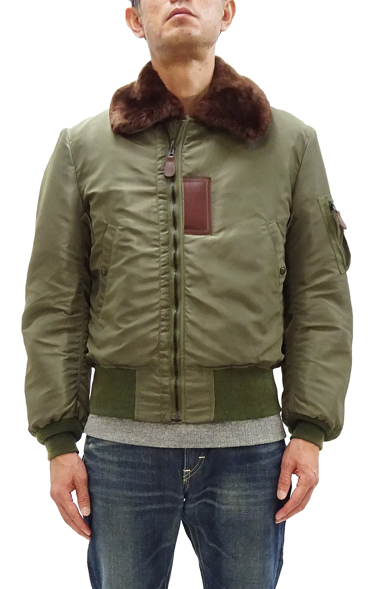 Buzz Rickson Jacket BR15566 Men's USAF B-15B Flight Jacket B15B Bomber Jacket with Mouton Fur Collar Olive