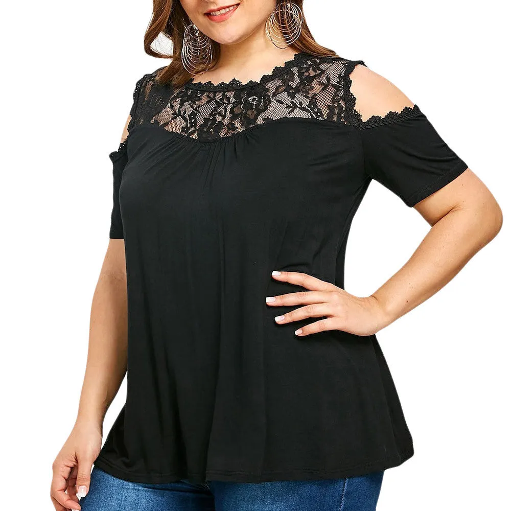 Casual Comfortable Women's Patchwork O-neck Lace Blouse Plus Size