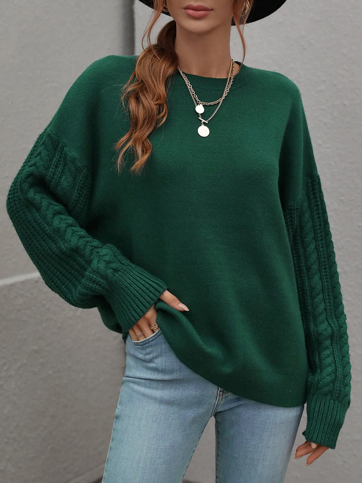 Crew Neck Long Cable Knitted Sweater