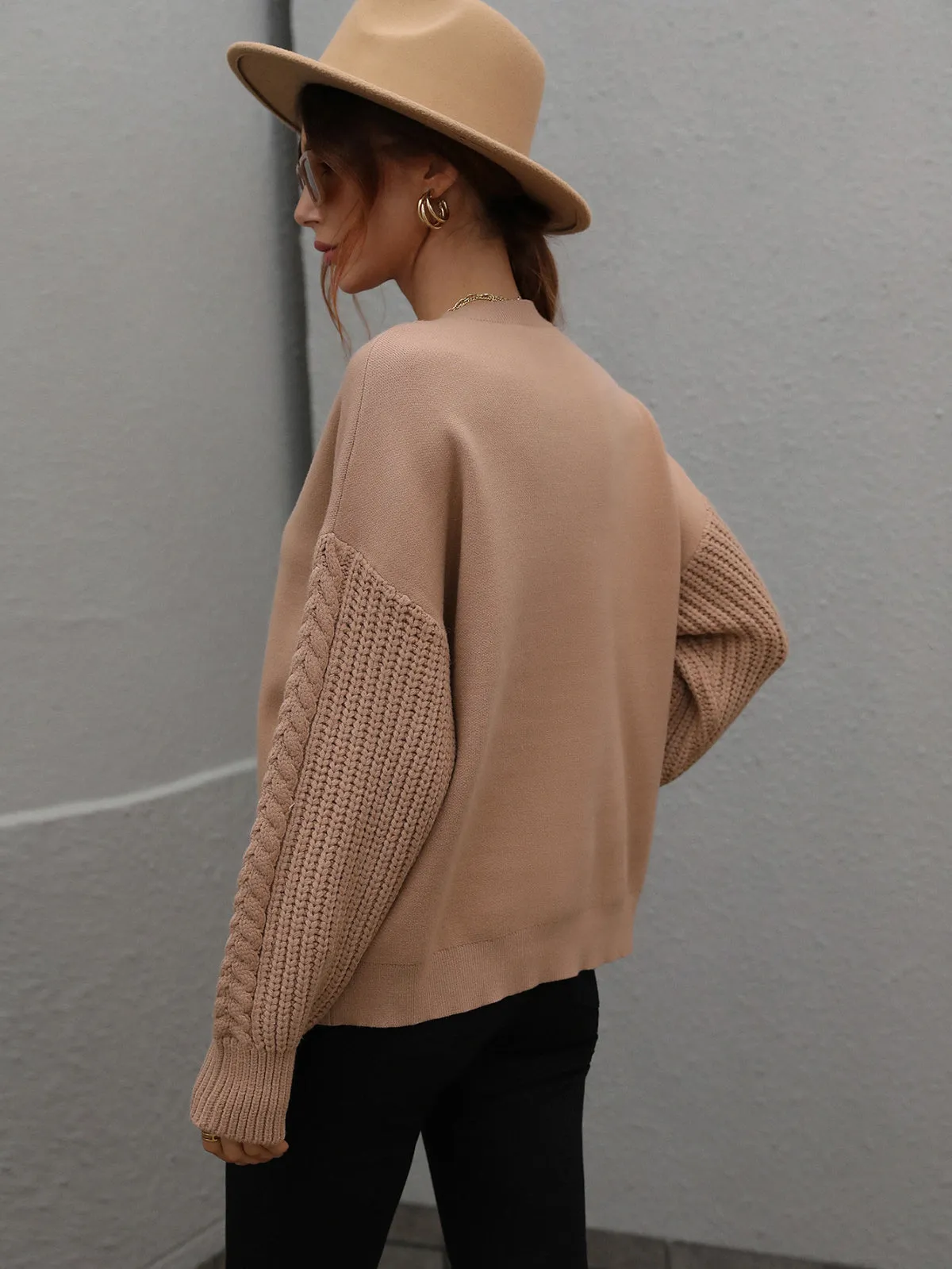 Crew Neck Long Cable Knitted Sweater