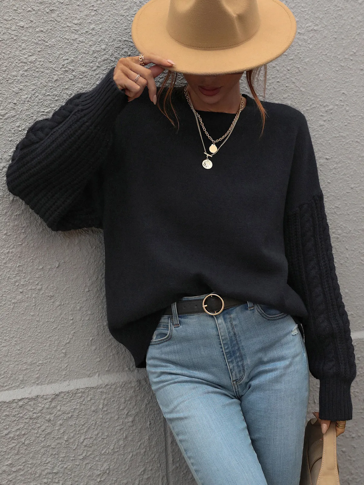 Crew Neck Long Cable Knitted Sweater