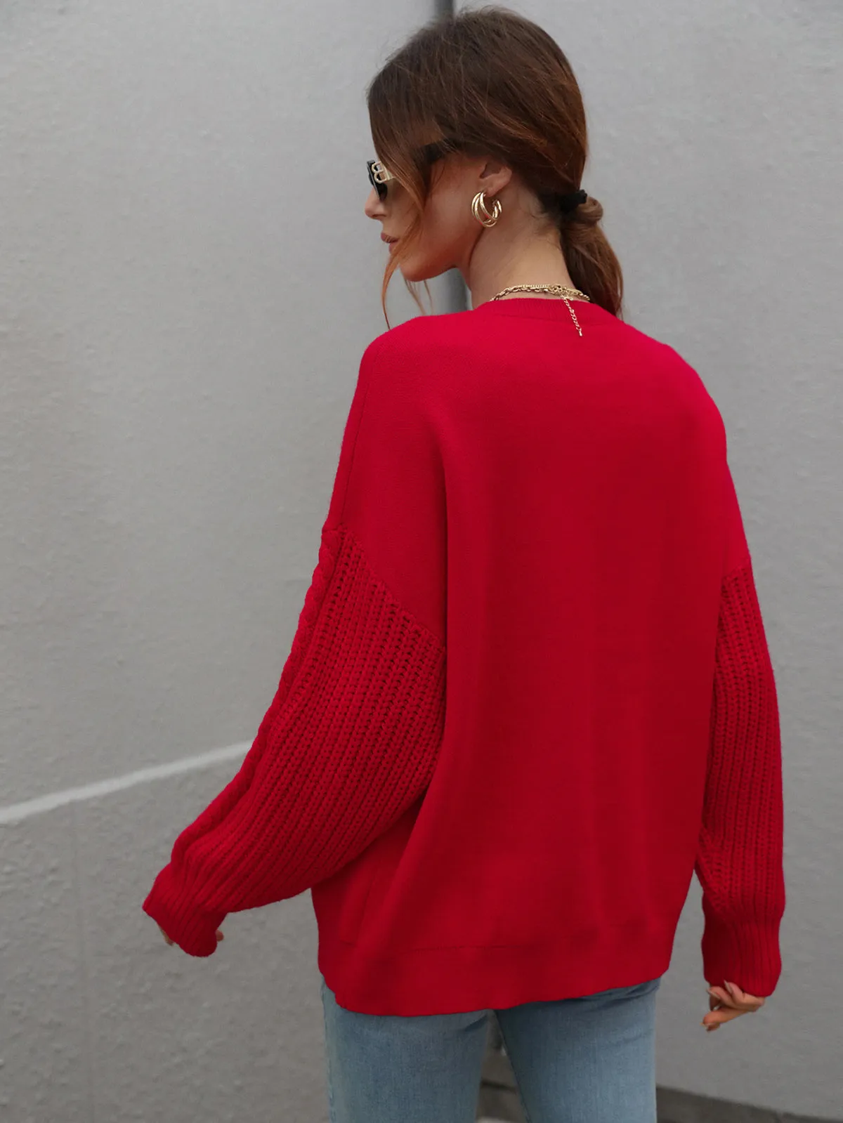 Crew Neck Long Cable Knitted Sweater