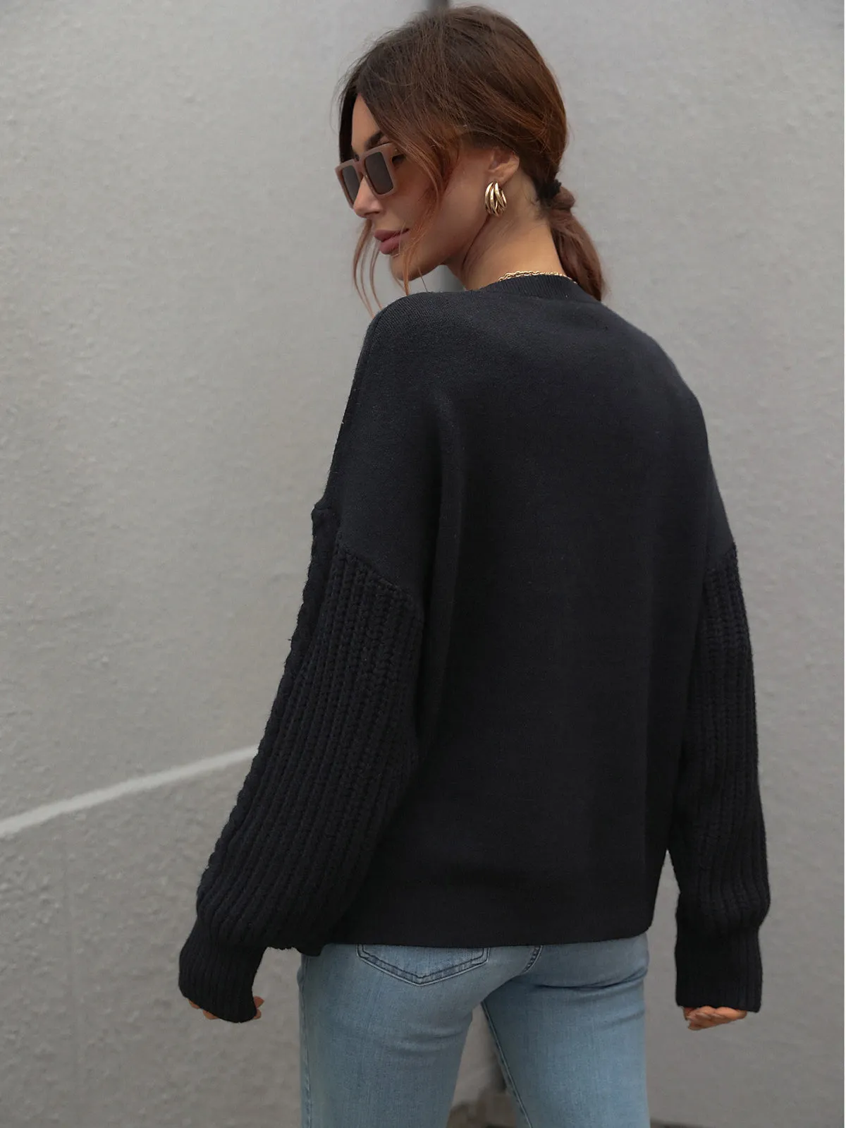 Crew Neck Long Cable Knitted Sweater