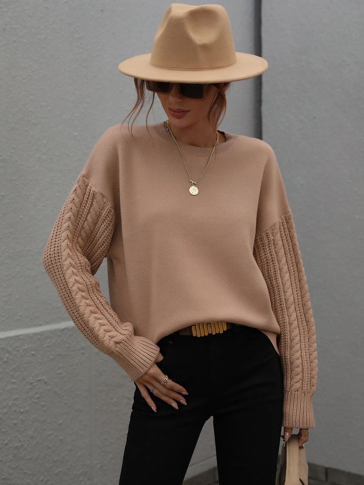 Crew Neck Long Cable Knitted Sweater