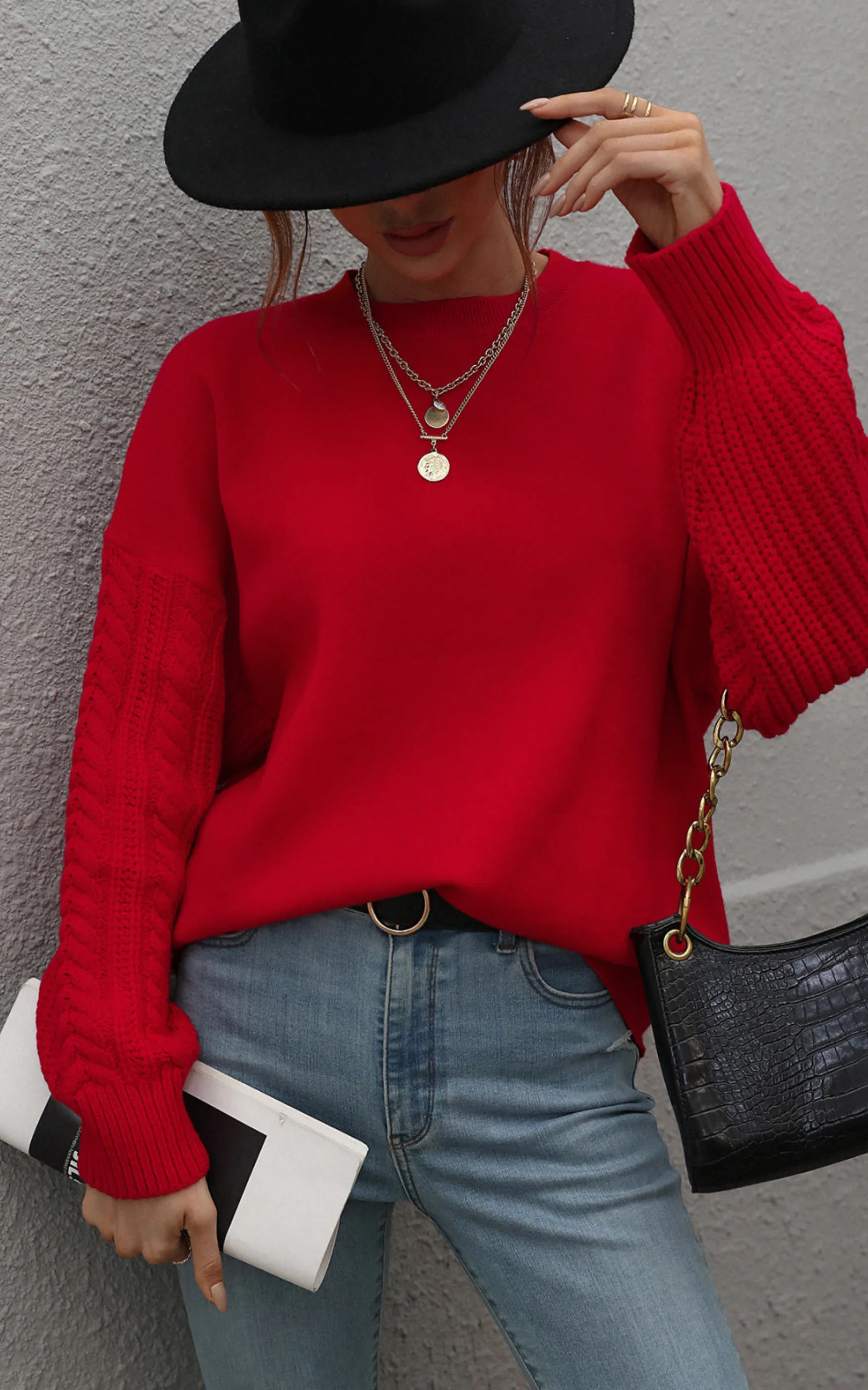 Crew Neck Long Cable Knitted Sweater