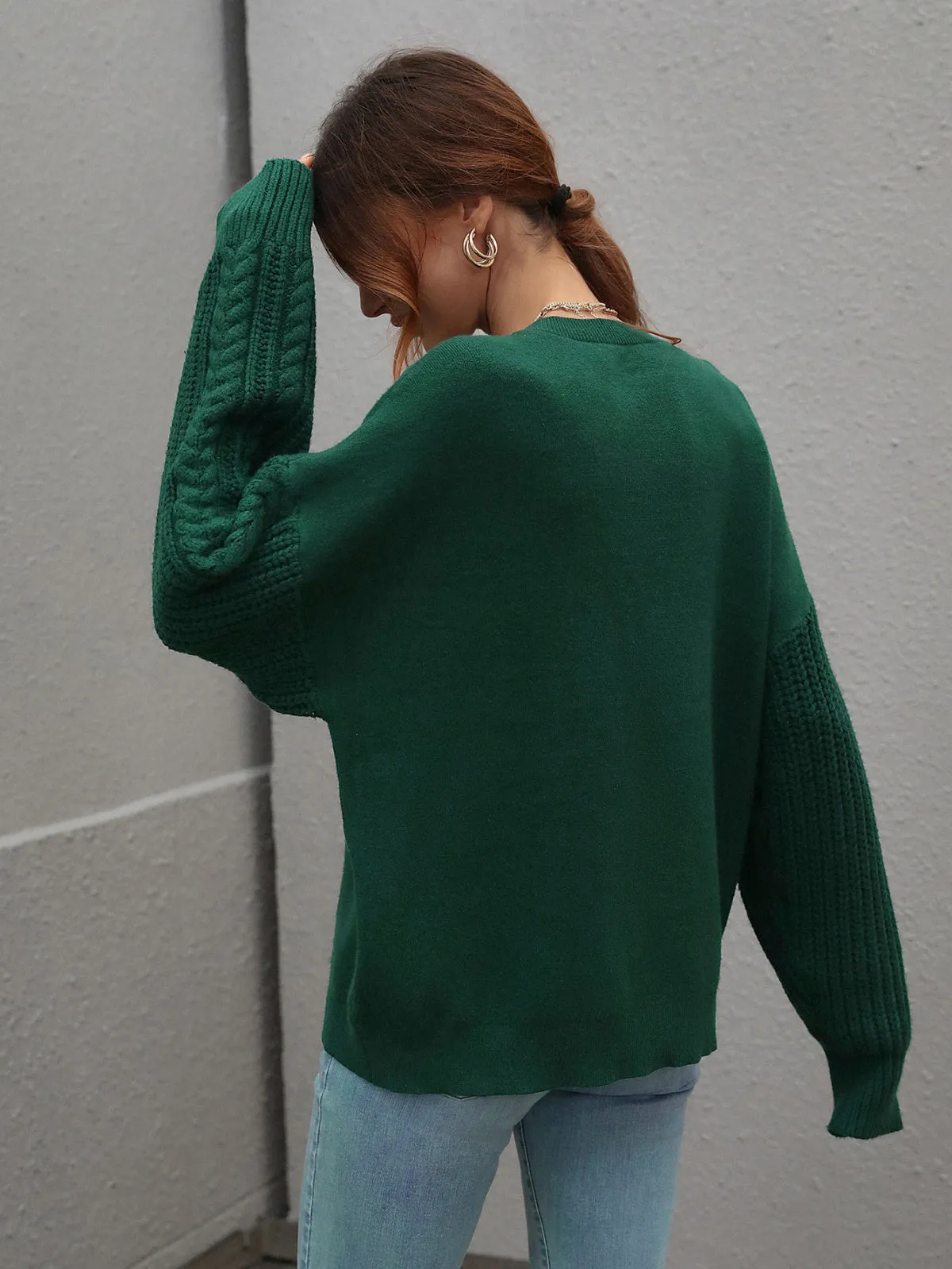 Crew Neck Long Cable Knitted Sweater