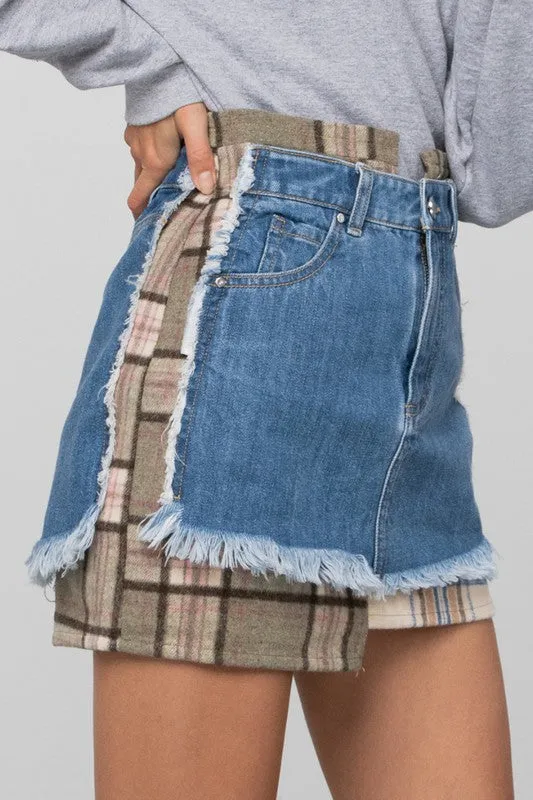 Denim Mini Skirt with Plaid Detail 100% Cotton Premium Luxury Women's Fashion