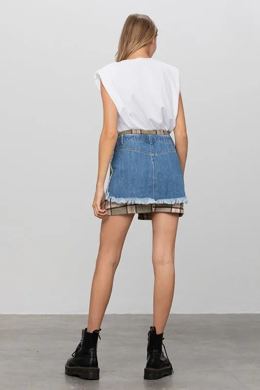 Denim Mini Skirt with Plaid Detail 100% Cotton Premium Luxury Women's Fashion