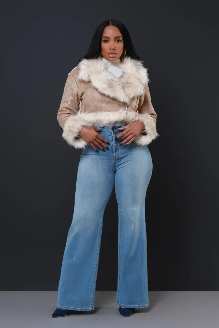 Double Shot Faux Fur Cropped Jacket - Taupe