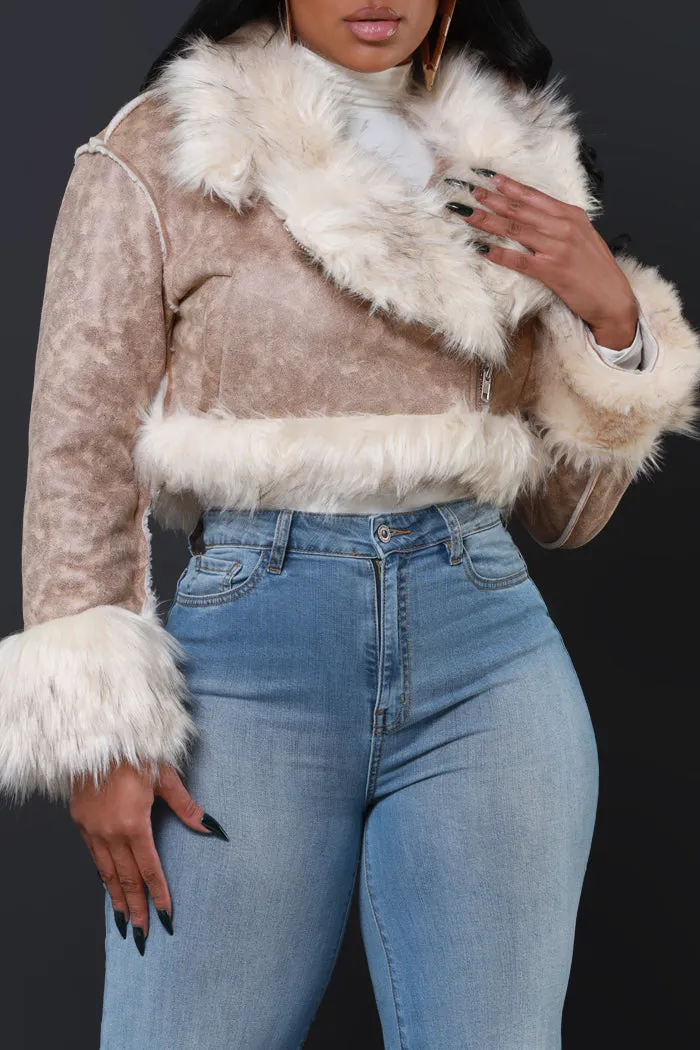 Double Shot Faux Fur Cropped Jacket - Taupe