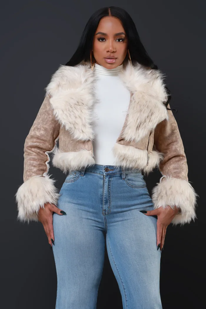 Double Shot Faux Fur Cropped Jacket - Taupe