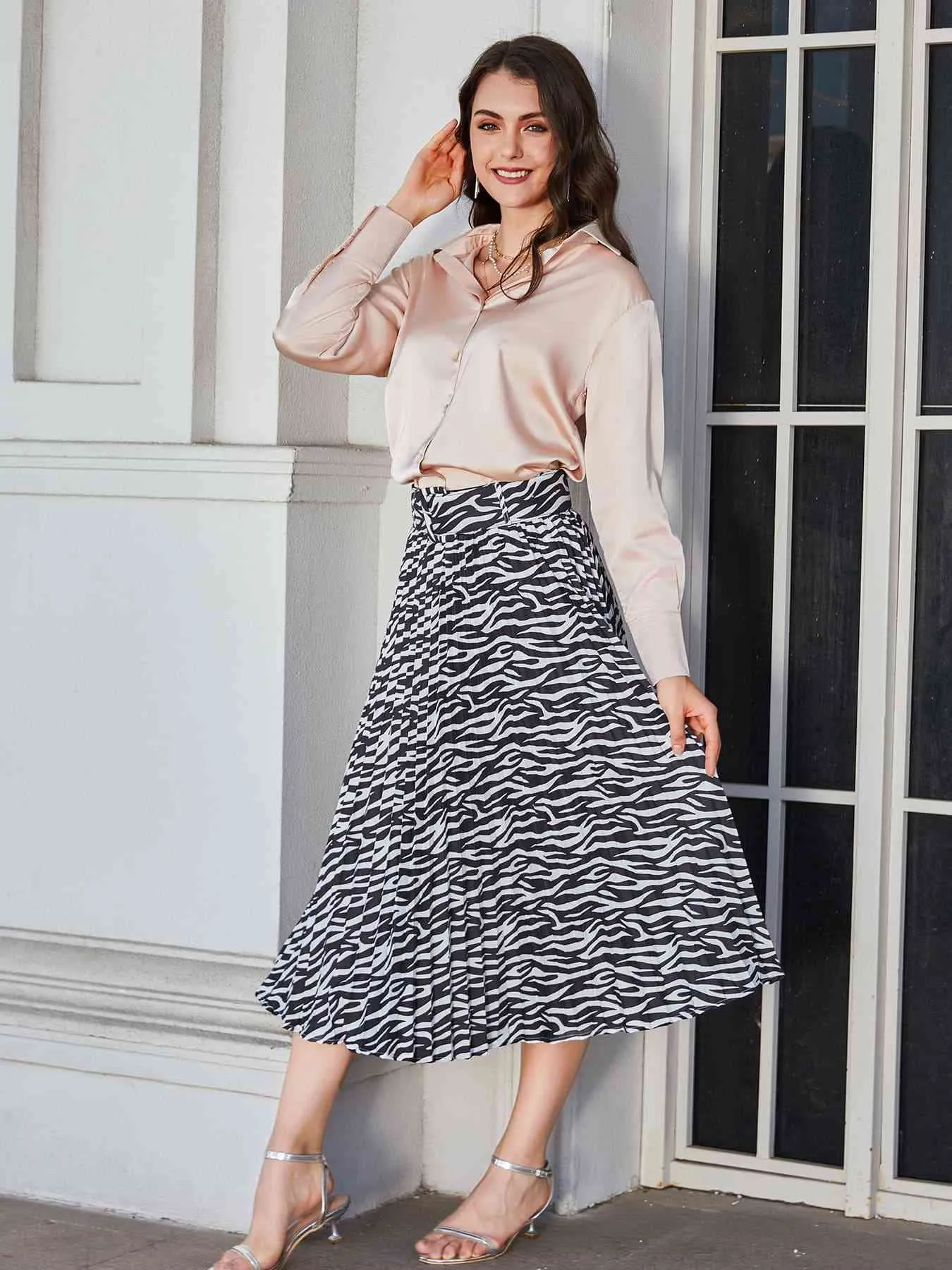 Double Take Animal Print Pleated Midi Skirt