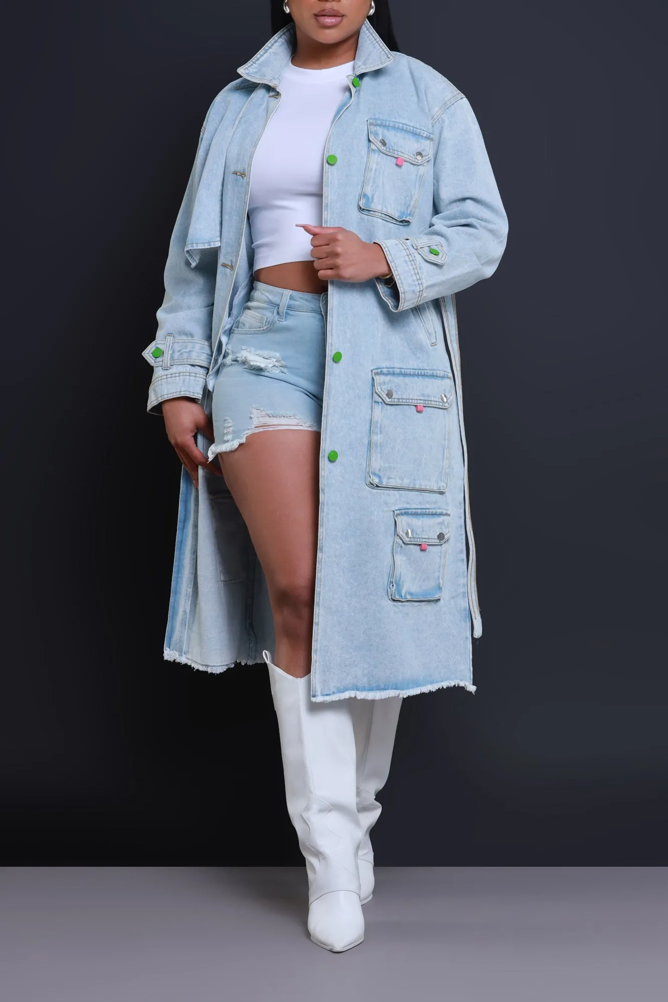 Eye To Eye Denim Cargo Trench Coat - Light Wash