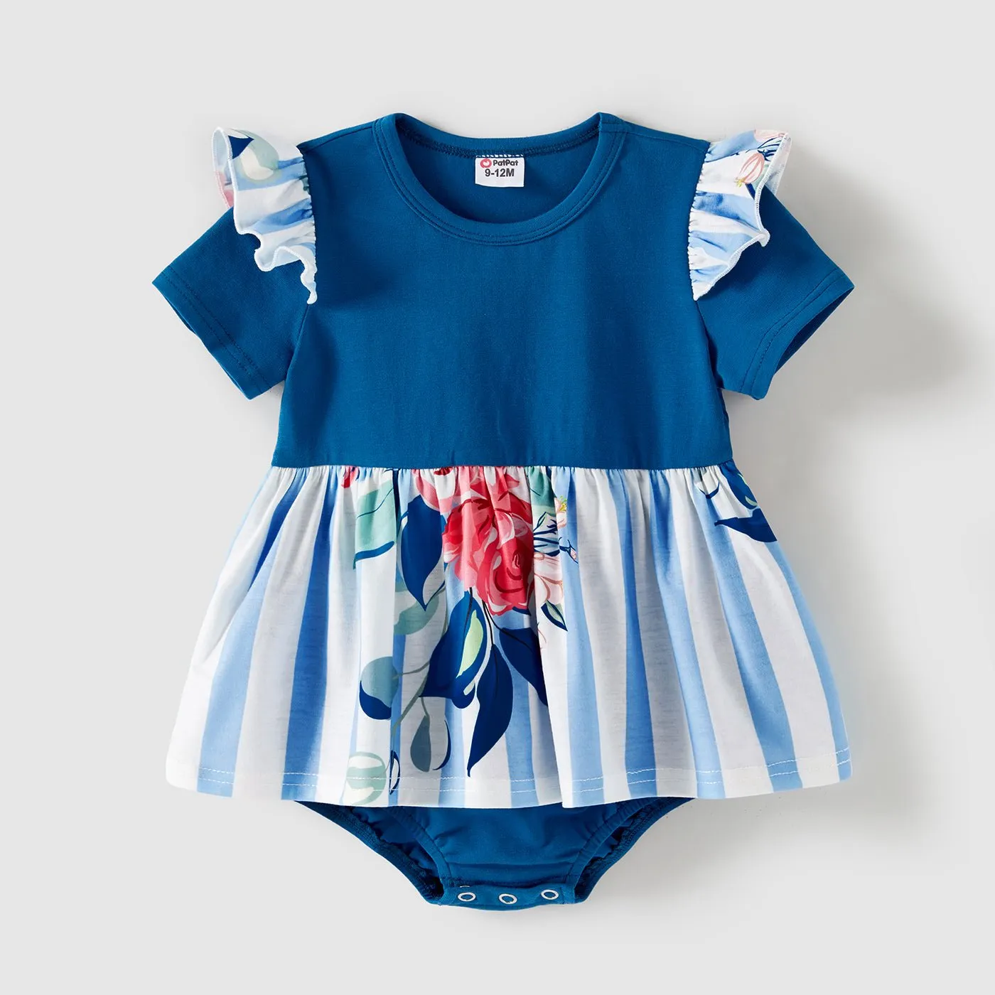 Family Matching Cotton Short-sleeve Colorblock T-shirts and Striped Floral Print V Neck Belted Dresses Sets