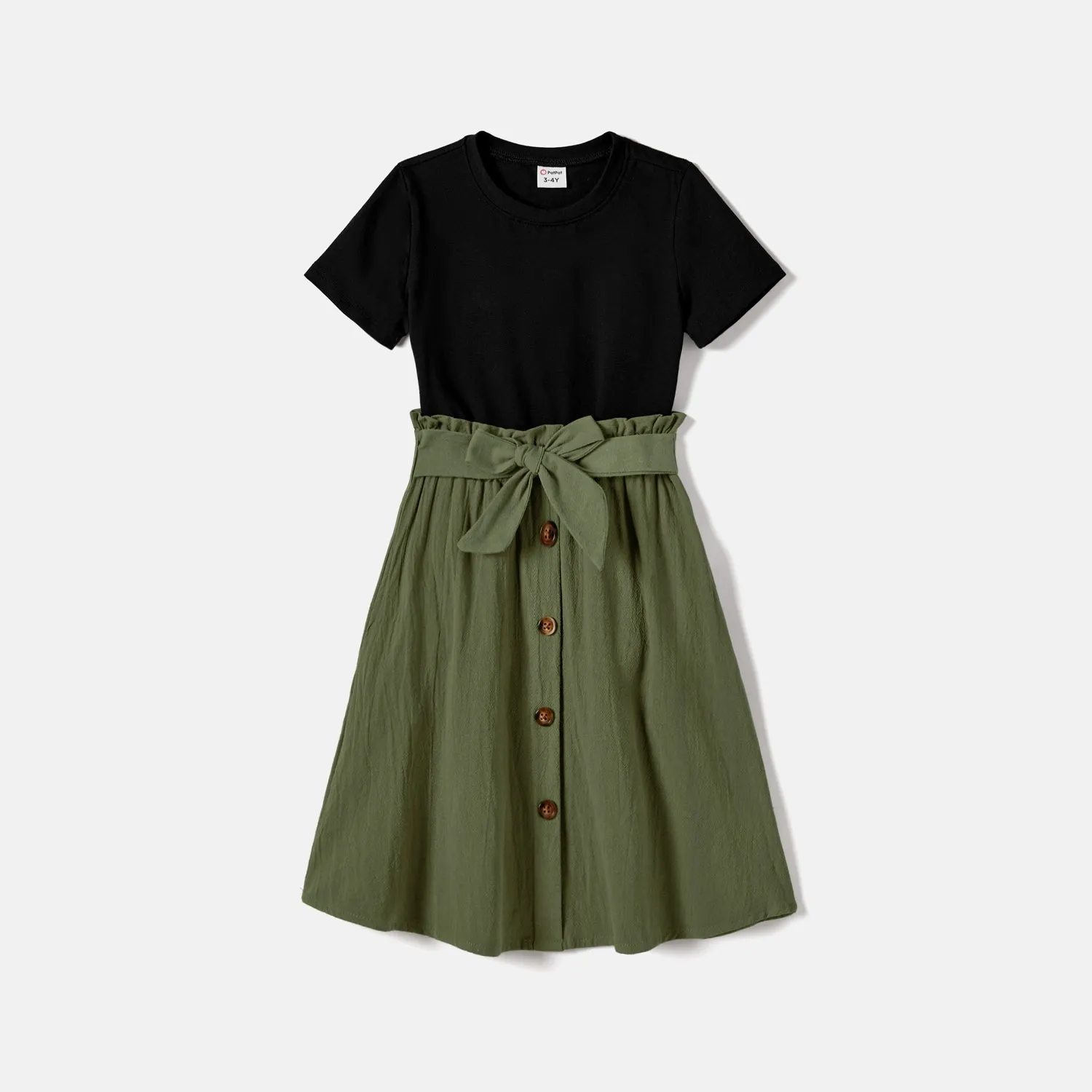 Family Matching Two Tone Short-sleeve Belted Combo Dresses and Color Block T-shirts Sets