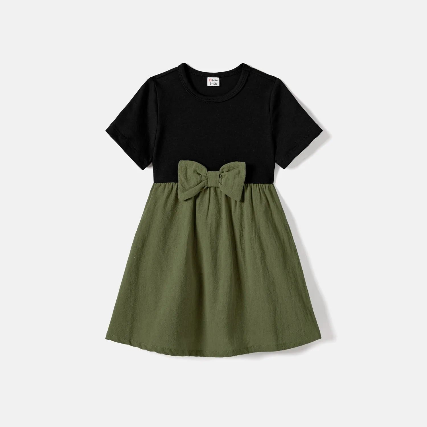 Family Matching Two Tone Short-sleeve Belted Combo Dresses and Color Block T-shirts Sets