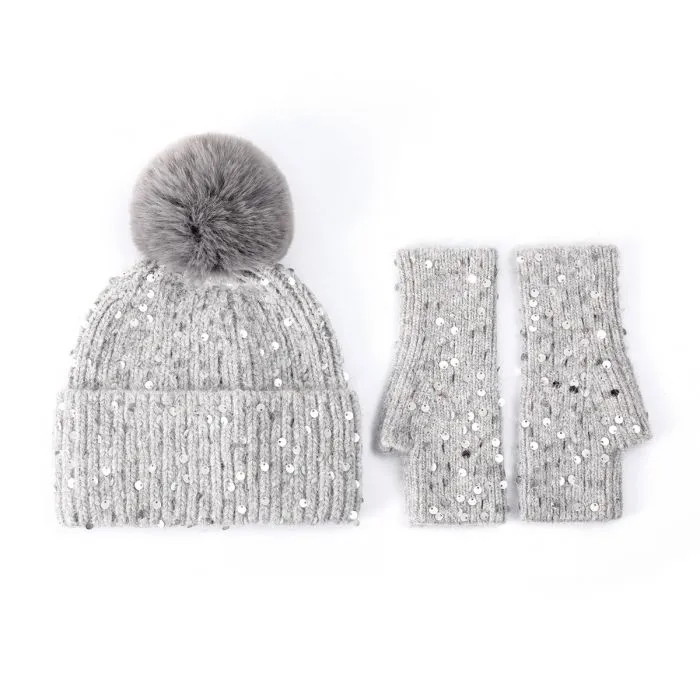 Faux Fur Pop Pom Hat With Sequins - Silver