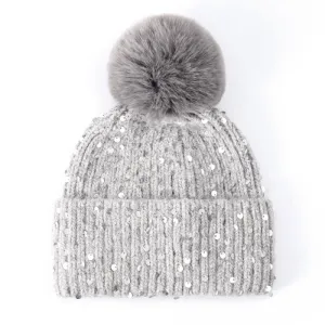 Faux Fur Pop Pom Hat With Sequins - Silver