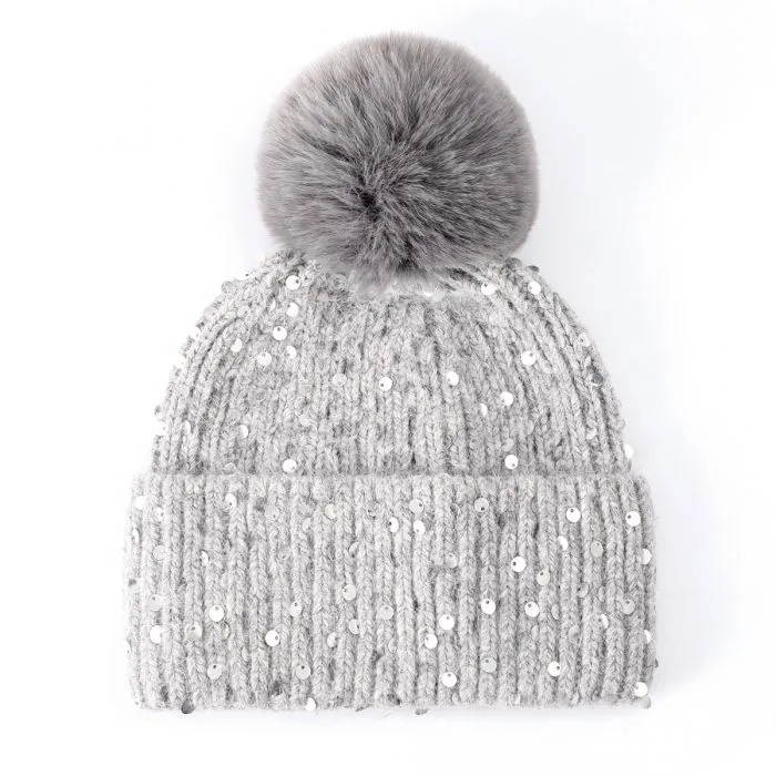 Faux Fur Pop Pom Hat With Sequins - Silver