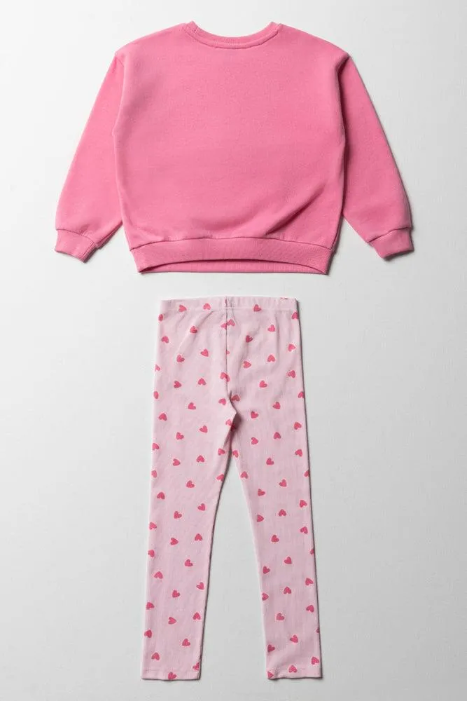 Flamingo Heart Tracktop & Rib Leggings Set Pink