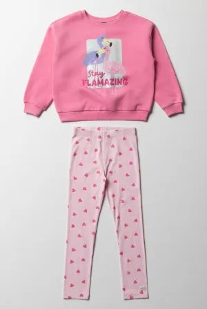 Flamingo Heart Tracktop & Rib Leggings Set Pink