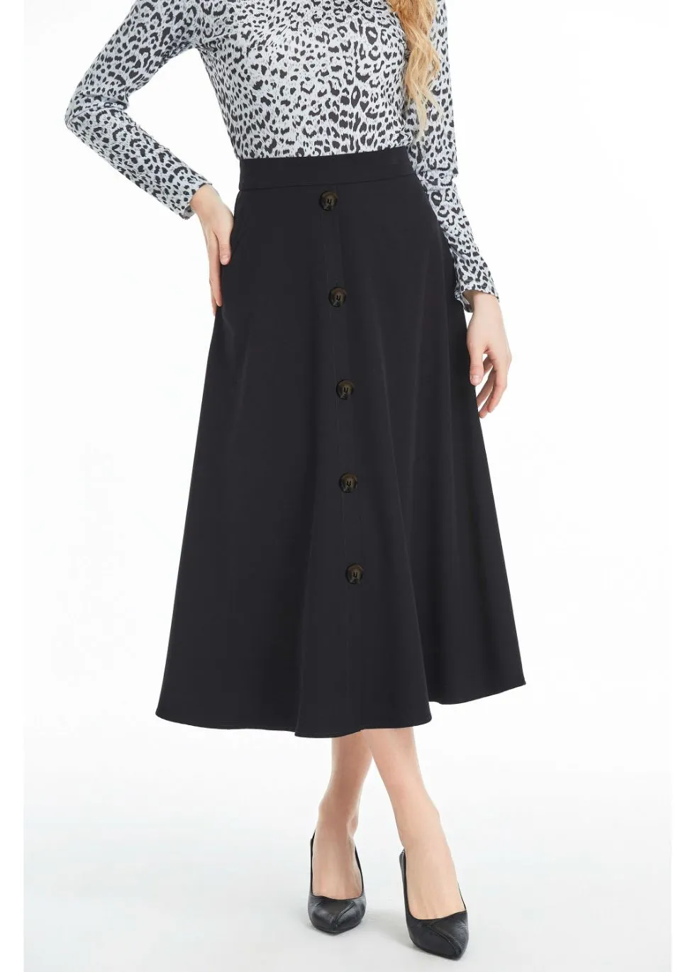 Fully Lined Black Midi Skirt with Front Button Detail