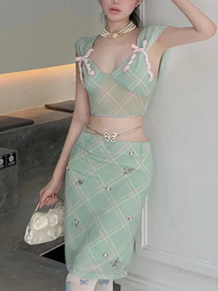 Girlary Korean Fashion Sweet 2 Piece Set Women Green Crop Tops   Sweet A-Line Skirts Female Streak Chic Y2k New Design Skirt Suit 2024