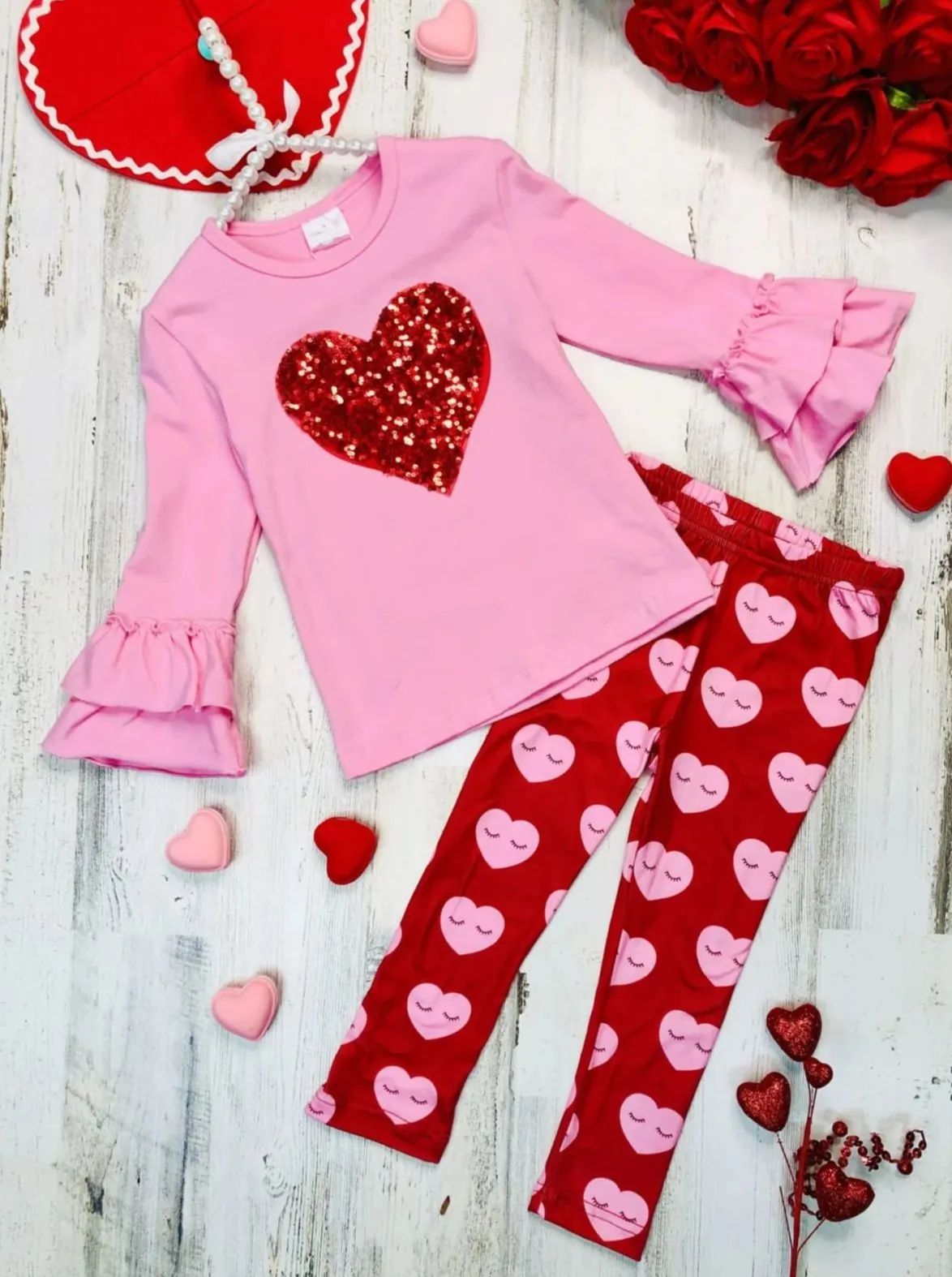 Girls Ruffled Sequin Heart Tunic and Sleepy Hearts Legging Set