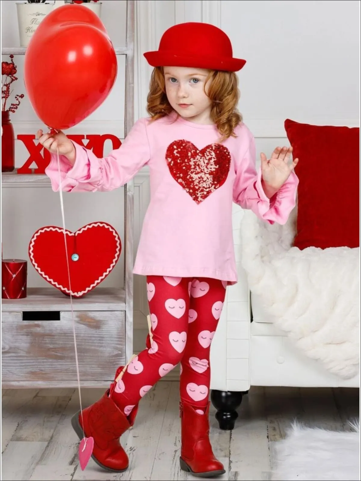 Girls Ruffled Sequin Heart Tunic and Sleepy Hearts Legging Set